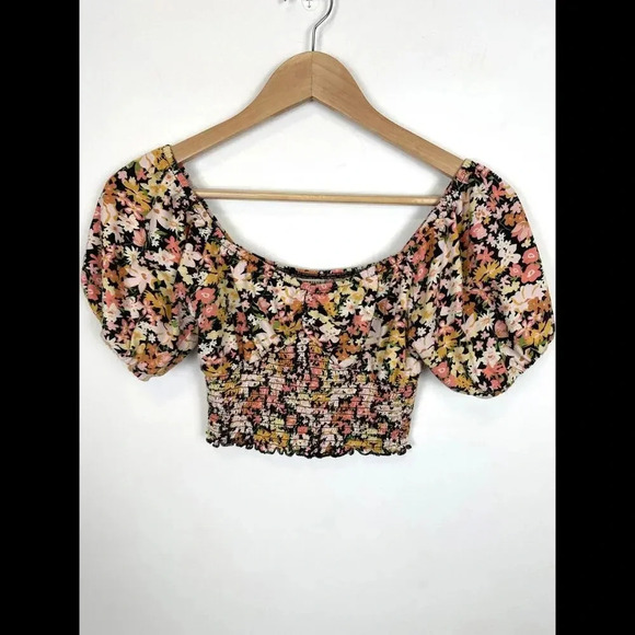 Billabong Cropped Sweatheart Neck Floral Puff Sleeve Top SIZE S - Picture 1 of 5